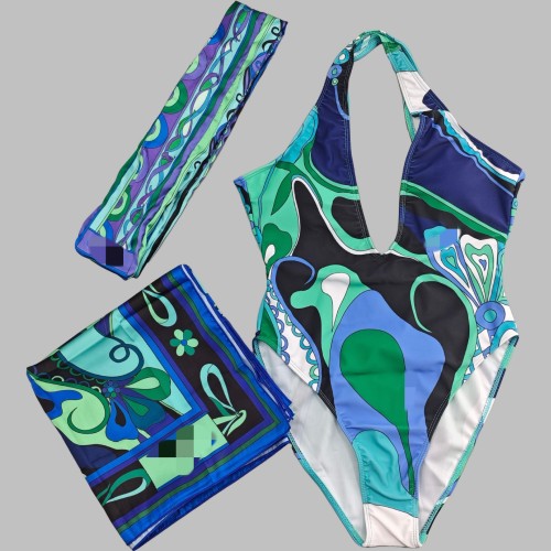 Square scarf+headscarf striped bikini swimsuit