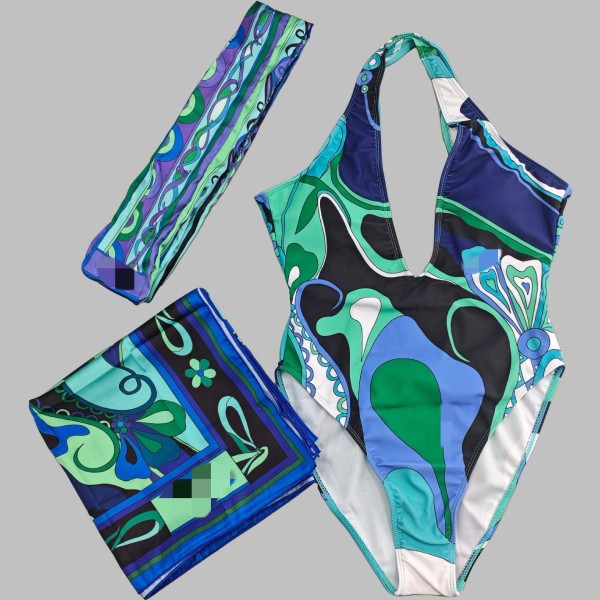 Square scarf+headscarf striped bikini swimsuit