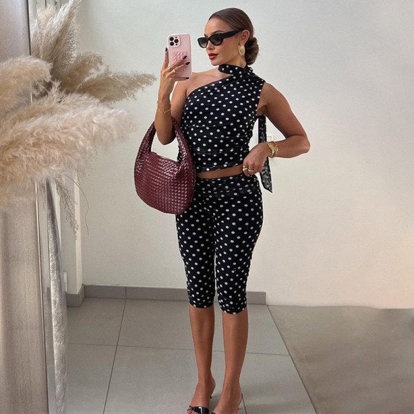 Mesh splicing polka dot printed single shoulder diagonal collar two-piece set