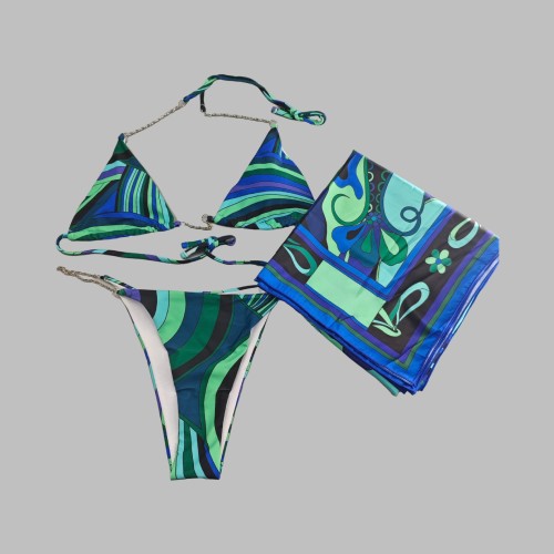 Headscarf striped bikini swimsuit