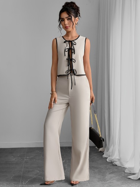 Color blocking tie tie shirt wide leg pants set