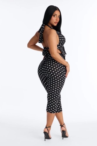 Wave print hanging neck backless two-piece set (double-layer)