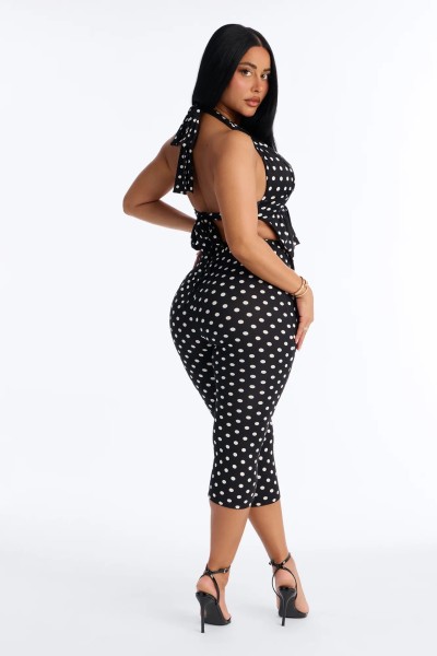 Wave print hanging neck backless two-piece set (double-layer)