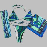 Square scarf+headscarf striped bikini swimsuit