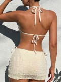 Solid color V-neck bikini three piece backless lace up swimsuit