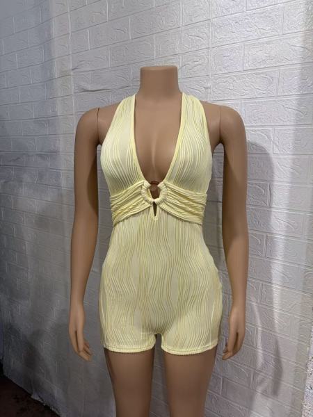 Pit striped multi-color hanging neck deep V-fold jumpsuit