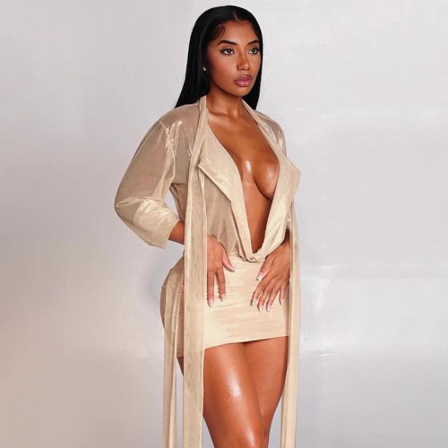 Transparent strap long sleeved top, hip hugging short skirt two-piece set