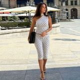 Mesh splicing polka dot printed single shoulder diagonal collar two-piece set