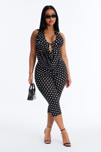 Wave print hanging neck backless two-piece set (double-layer)