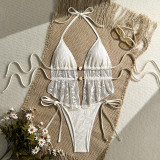 Hollow out hook flower bikini with neck tie and split swimsuit