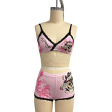 Strap printed four cornered pants bikini swimsuit