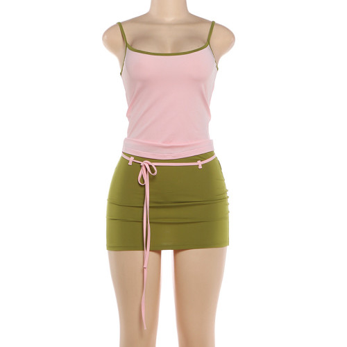 Strap vest, lace up, hip hugging short skirt set