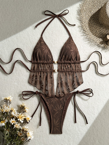 Hollow out hook flower bikini with neck tie and split swimsuit