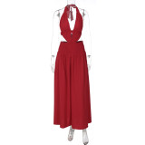Lace up hanging neck backless lace patchwork dress