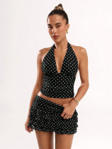 Polka dot printed neck hanging vest with black fungus edge short skirt set
