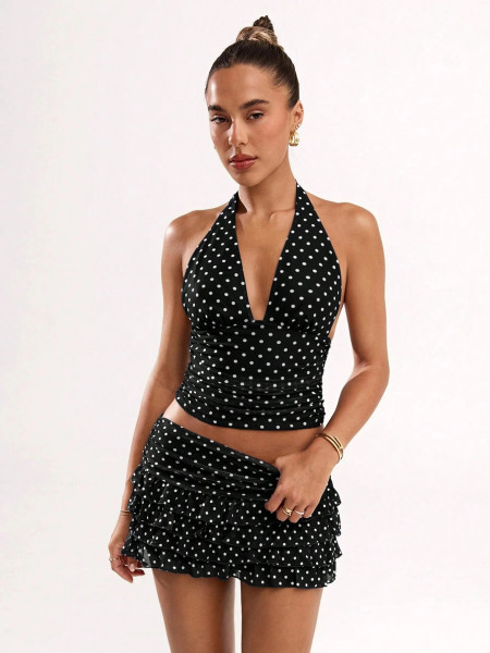 Polka dot printed neck hanging vest with black fungus edge short skirt set