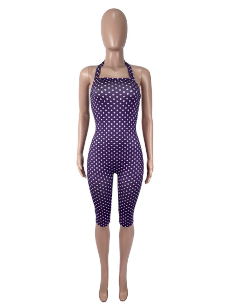 Wave print sleeveless hanging neck five part jumpsuit
