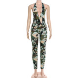 Backless hanging neck printed jumpsuit