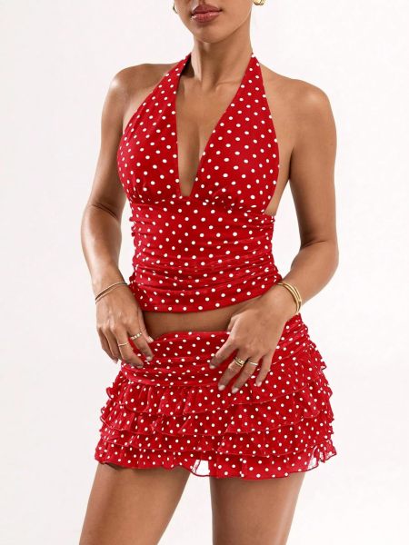 Polka dot printed neck hanging vest with black fungus edge short skirt set
