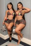 Strap printed four cornered pants bikini swimsuit