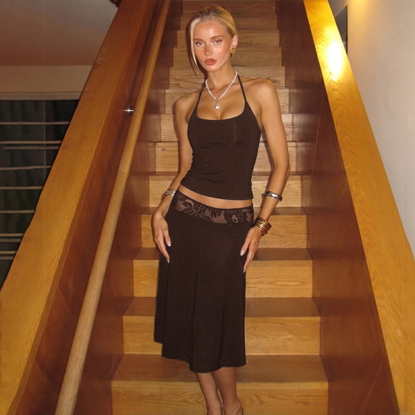 Two piece set of camisole vest lace patchwork skirt