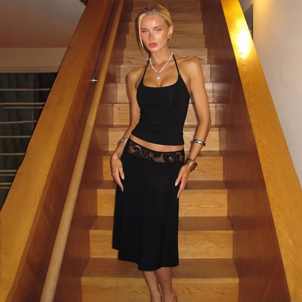 Two piece set of camisole vest lace patchwork skirt