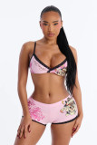 Strap printed four cornered pants bikini swimsuit