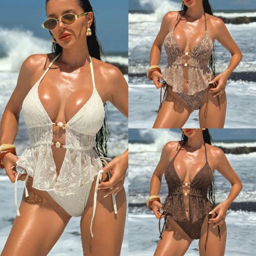 Hollow out hook flower bikini with neck tie and split swimsuit