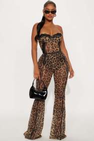 Leopard print strapless tight two-piece set (with chest cushion)