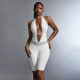 Hanging neck, exposed back, tie up, deep V-neck, waist splicing, lace five part jumpsuit