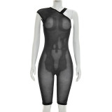 Solid color mesh see through tight sloping shoulder jumpsuit