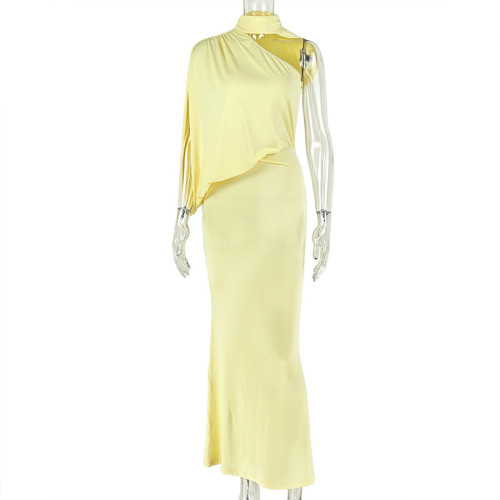Hip hugging skirt with slanted collar and asymmetrical dress