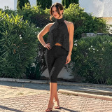 Lace sleeveless halter top seven quarter pants set