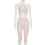 Hollow neck hanging top tight cropped pants set