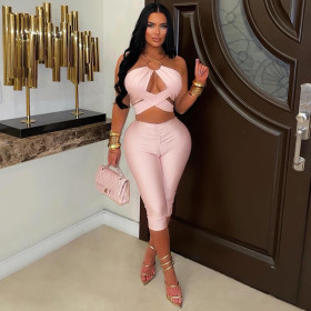 Hollow neck hanging top tight cropped pants set