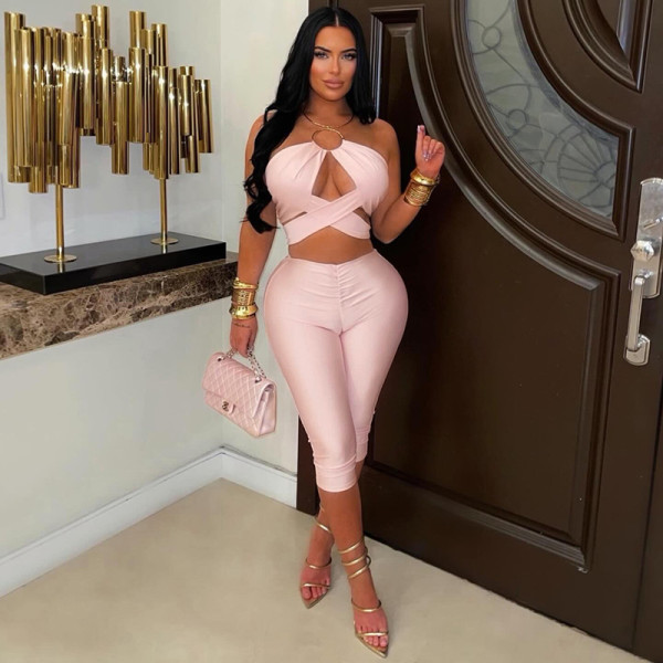 Hollow neck hanging top tight cropped pants set