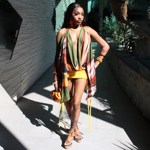 Multi colored printed neck strap top with swinging collar