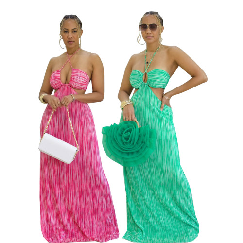 Hanging neck striped printed seaside vacation dress
