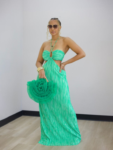 Hanging neck striped printed seaside vacation dress