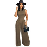Solid color sleeveless jumpsuit+wide leg pants set