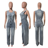 Elastic wash denim jumpsuit