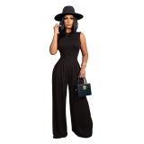 Solid color sleeveless jumpsuit+wide leg pants set
