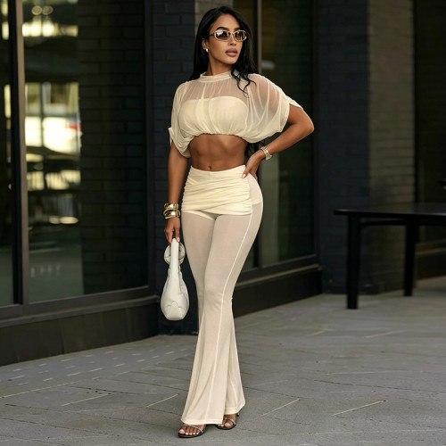 Mesh splicing perspective short top flared pants two-piece set