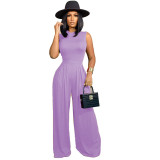 Solid color sleeveless jumpsuit+wide leg pants set
