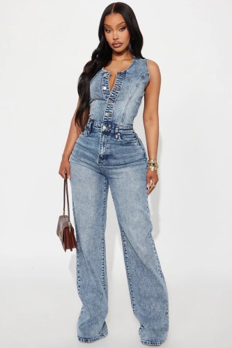 Elastic wash denim jumpsuit