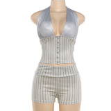 V-neck crop top, neck hanging vest, hip hugging shorts set