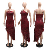 Sleeveless sequin irregular sequin dress