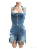 Edge fringed denim jumpsuit