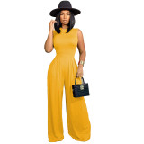 Solid color sleeveless jumpsuit+wide leg pants set