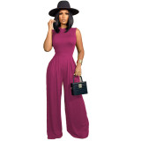 Solid color sleeveless jumpsuit+wide leg pants set